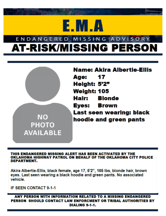Read more about the article UPDATE, Akira Albertie Ellis Missing, Endangered Teen Girl In Oklahoma City, OHP Search
